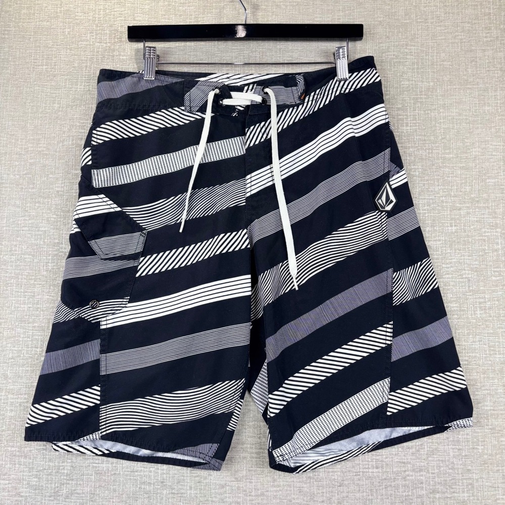 Volcom Mens Size 32 Board Shorts Black White Striped Swim Trunks
